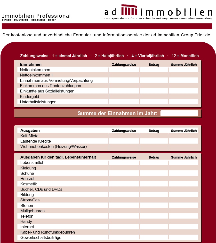 Formular Kassensturz der Immobilienmakler in Trier. Damit Sie einen Überblick Ihrer monatlichen Belastungen erhalten.