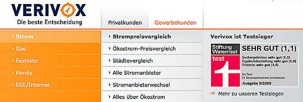 Startseite Online Stromvergleich bei Verivox. 