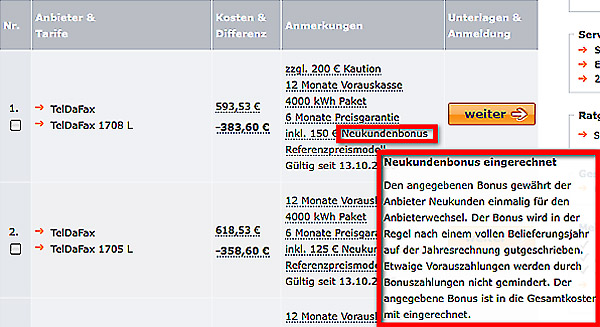 Tarifdetails der verschiedenen Anbieter