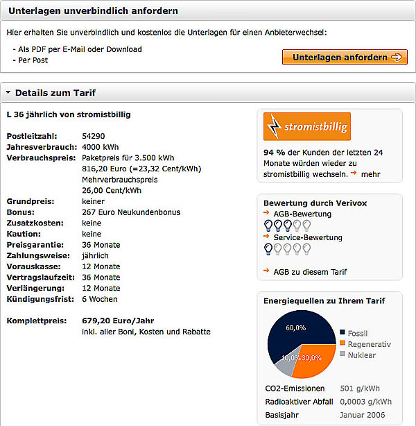 Detailiertere Informationen zu dem ausgesuchten Anbieter
